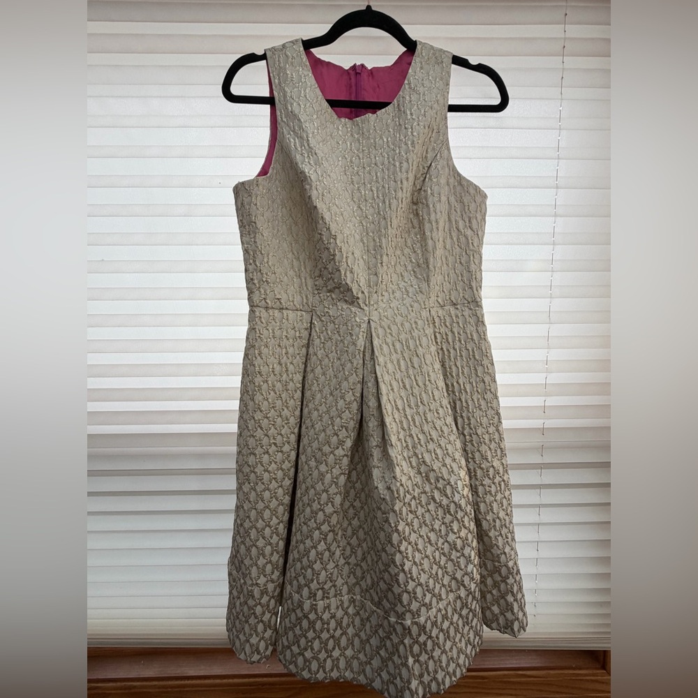 Eliza J 10P Petite Gold Jacquard Fit & Flare Dress